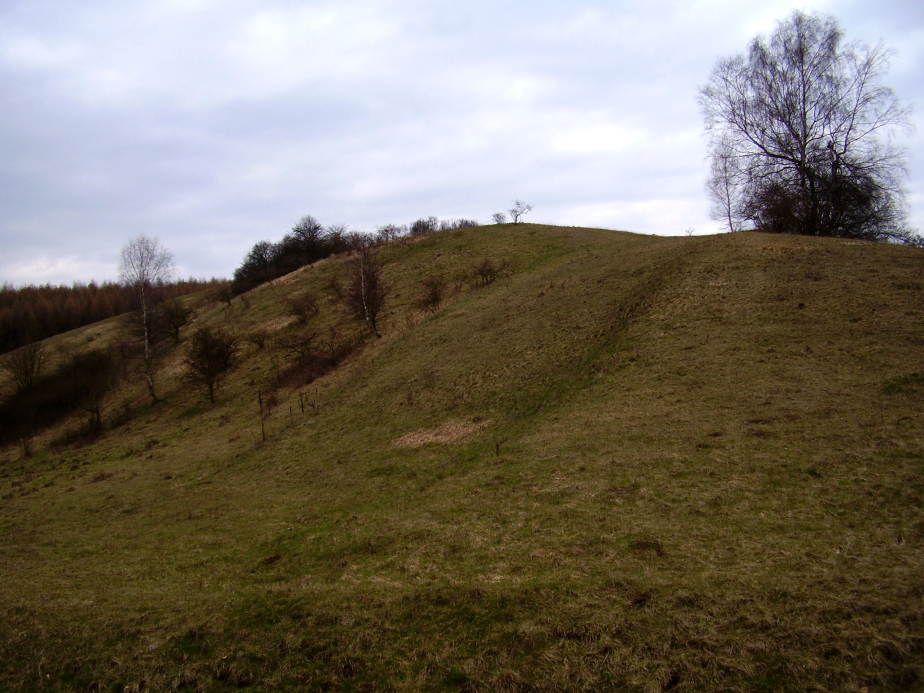 Diesen Berg geht es hinauf, oben sieht man dann die Kirchturmspitze zur Orientierung